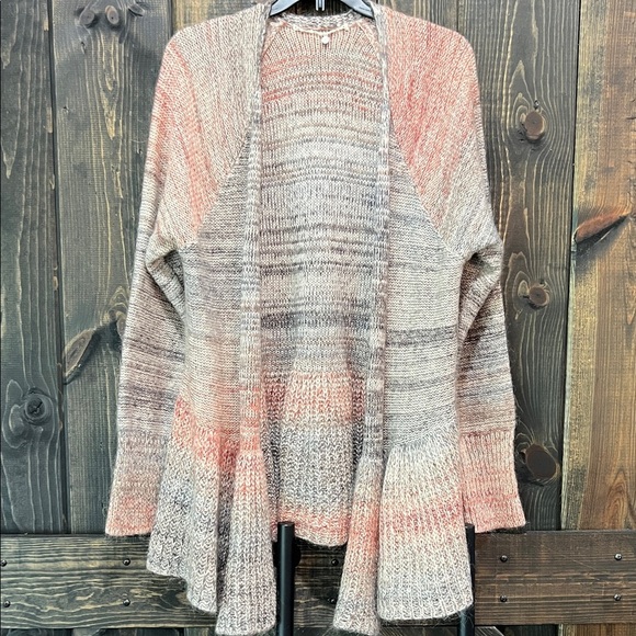 Anthropologie Knitted Knotted Wool Cardigan L Open Pink Grey Mohair Boho Peplum - Picture 1 of 13